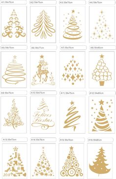 christmas tree stencils are shown in gold and white, with different designs on them