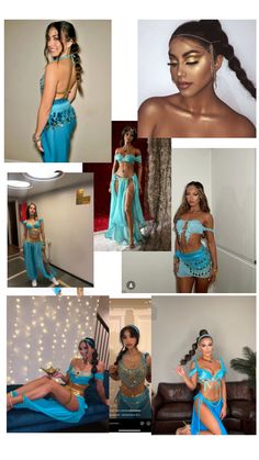 several different pictures of women in blue and gold outfits, including one woman wearing a belly ring