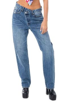 A crossover waist creates a DIY vintage look in easy-fitting boyfriend jeans cut from nonstretch denim for an authentic look and feel. 100% cotton Machine wash, tumble dry Imported Ripped Boyfriend Jeans, Boyfriend Fit Jeans, Scarf Top, Diy Vintage, Cargo Jeans, Boyfriend Fit, Button Detail, S Models, Model Height