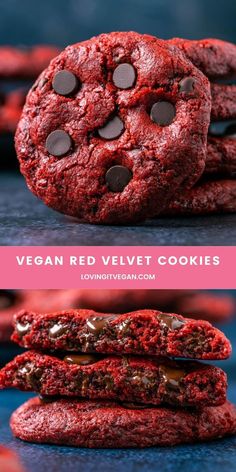 red velvet cookies are stacked on top of each other with chocolate chips in the middle