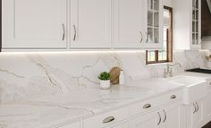 a kitchen with white cabinets and marble counter tops, along with a potted plant