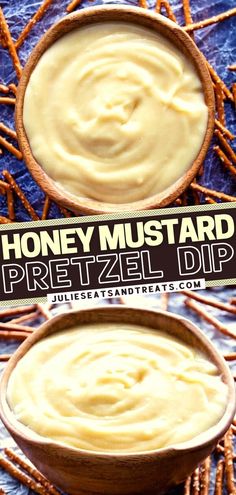 two bowls filled with honey mustard and pretzel dip on top of a blue cloth