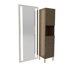 a tall cabinet with a mirror next to it on a white background and an open door