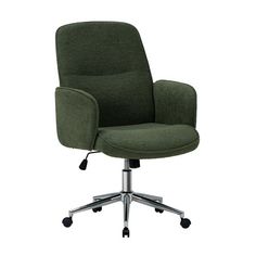 a green office chair with chrome base and casteors on an isolated white background, front view