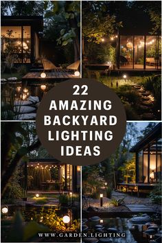 a collage of photos of a backyard with a deck and a pond Elegant Outdoor Lighting, Backyard Cafe Light Ideas, How To Light Up Your Backyard, Solar Power Garden Lights, Backyard Patio Lighting Ideas, Outdoor Backyard Lighting, Landscape Lighting Ideas Backyards, Backyard Landscaping Lighting, Covered Patio Lighting Ideas