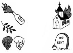 some black and white drawings with different things on them, including a skull, a church and