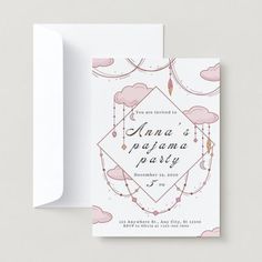 a white card with pink clouds on it and the words anna's picnic party written