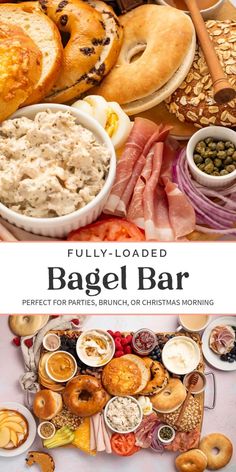 the bagel bar is full of different types of breads and pastries