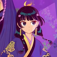 an anime character with dark hair and blue eyes wearing a purple kimono, standing in front of flowers