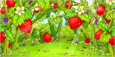 a painting of strawberries and flowers in the forest