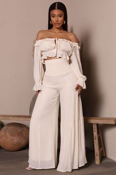 Available In Ivory And Rust. Pant Set Off Shoulder Top Long Sleeve Cropped Tie Front Wide Leg Pant Smocked Waist Pant: Fully Lined Self: 55% Rayon 45% Polyester Lining: 100% Polyester Imported | We Should Be Pant Set in Ivory size 2X by Fashion Nova Off White Wide Leg Pants Outfit, White Wide Leg Pants Outfit, Crop Top Pants Set, White Wide Leg Pants, Wide Leg Pants Outfit, Black Wide Leg Pants, Two Piece Pants Set, Flowy Pants, Off Shoulder Tops