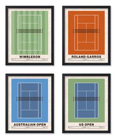 four framed tennis posters depicting the australian open and us open teams, all in different colors