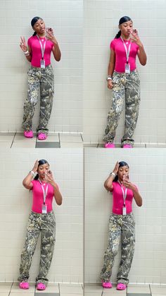 School Outfits For Birthday, Pink Shirt With Camo Pants, Pink Outfit Ideas Black Women, Pink Camo Pants Outfit, Pink Back To School Outfits, Camo Pants Outfit Baddie, Baddie Fits For School, How To Style Camo Pants, Fashion Teenage Girls