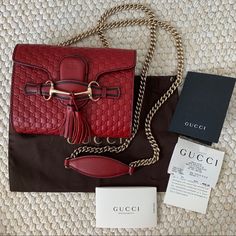 -100% Authentic, New, Never Use -Beautiful Wine Color, Classic Gg Logo Leather -Gold Tone Hardware, Classic Horsebit At Front -Come With Dusty Bag, Original Receipt, Authentic Card Red Gucci Bag With Chain Strap, Gucci Bags With Chain Strap For Gift, Gucci Leather Bags For Gift, Gucci Leather Shoulder Bag Perfect For Gifts, Gucci Top Handle Bag As Gift, Bags Gucci, Gg Logo, Gucci Leather, Wine Color