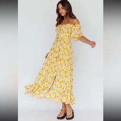 Yellow Midi Dress Size Small From Selfie Leslie - Never Worn. Can Be Bought From Selfie Leslie For $80 On Website Yellow Off-shoulder Maxi Dress For Spring, Yellow Off-shoulder Beach Dress, Yellow Boho Maxi Dress For Spring, Yellow Maxi Length Boho Dress For Spring, Yellow Spring Boho Maxi Dress, Yellow Flowy Boho Dress For Spring, Spring Yellow Flowy Boho Dress, Leslie White, Blue High Low Dress