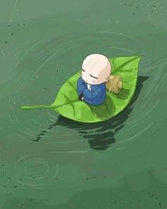 a man sitting on top of a green leaf in the water