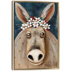 a painting of a donkey with flowers on its head and eyes, in front of a blue background