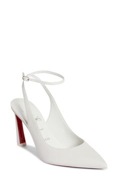 "Find CHRISTIAN LOUBOUTIN Condora Pointed Toe Slingback Pump on Editorialist. An inverted setback stiletto elevates this pointy-toe lambskin-leather pump that's updated in a slingback/ankle-strap hybrid silhouette. The striking style is grounded by a signature Louboutin-red lacquered sole for a dramatic flash with every step. 3 3/4\" (95mm) heel 2 1/2\" strap height Adjustable ankle strap with buckle closure Wipe with a soft, dry cloth and store in a dust bag Please note the red lacquer on soles will wear off as a result of normal use. To minimize the effect, avoid wearing in wet weather or on abrasive surfaces Leather upper, lining and sole Made in Italy Designer Shoes" Chic White Pointed Toe Slingback Pumps, White Pointed Toe Elegant Slingback Pumps, Designer White Pointed Toe Slingback Pumps, White Louboutin Heels, White Louboutin, Christian Louboutin Shoes For Women, Louboutin Wedding Shoes, White Slingback Pumps With Heel Strap, Pointed Toe, Chic White Slingback Pumps With 4-inch Heel