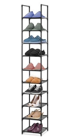 the shoe rack is holding several pairs of shoes