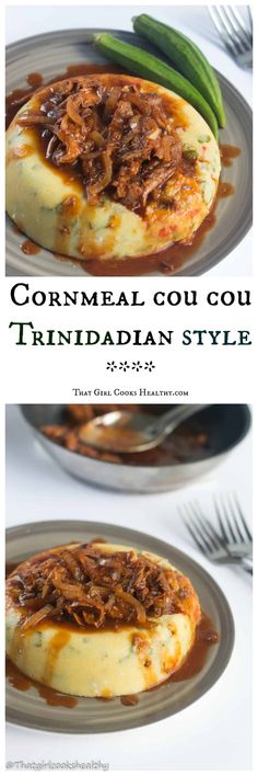 two plates with food on them and the words cornmeal gou quiche trinidalan style