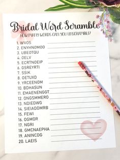 the bridal word scramble is on top of a notepad next to a flower