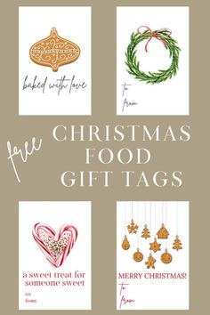 four christmas food gift tags with the words, holiday treats for someone to give them