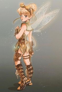 Cartoon Disney Drawings, Steampunk Cartoon Character Design, Tinkerbell Redesign, Art Story Ideas, Tinker Bell Oc, Fairy Artificer, Tinker Bell Fanart, Tinker Bell Art, Steampunk Tinkerbell