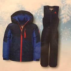 Snozu Kids' 2-Piece Snowsuit, Blue Color(S): Blue, Black Set Includes: 1 Long Sleeve Hooded Snow Jacket, 1 Bib Pant Blue And Black Colorblocking Snow Jacket With Digital Print On Chest Detachable 3 Panel Hood Id Name And Address Label In Lining Black Bib Pant With Orange Snozu Embroidered Logo At Chest Bib Pant Features Center Front Zipper And Adjustable Shoulder Straps Reinfoced Knee And Ankle Guards Ankle Gaiter To Keep Out The Snow Made In China 100% Polyester Close All Zippers To Wash Machin Blue Winter Coat, Bib Snow Pants, Toddler Suits, Snow Coat, Baby Snowsuit, Navy Blue Jacket, How To Make Snow, Address Label, Snow Jacket