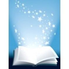 an open book with stars coming out of it on a blue and white background,