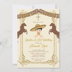 Mexican Gold Brown Fiesta Boy Baptism Christening Invitation Size: 5" x 7". Gender: unisex. Age Group: adult. Material: Semi-Gloss. Mexican Baptism Ideas, Baptism Ideas Girl, Charro Invitations, Charro Theme, Mexican Invitations, Christening Invitation, Baptism Ideas, Cowboy Theme, Cowboy Birthday