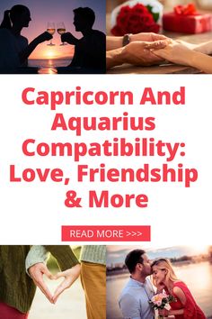 two people holding hands with the words capricon and aquarius compabily love