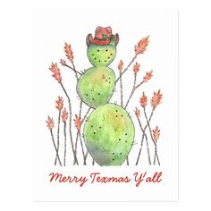 a christmas card with two cactuses wearing hats and the words merry christmas y'all