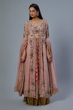 Blush pink silk banarasi tie up anarkali with floral zardosi, cutdana, sequins embroidery and scallop edged detailing. Paired with coordinating blouse, fringe lace embroidered dupatta and contrasting red silk banarasi attached can can lehenga. - Aza Fashions Floral Anarkali, Skirt Indian, Fashion Designer Studio, Embroidered Anarkali, Sherri Hill Prom Dresses, Designer Studio, Embroidered Skirt, Indian Fashion Designers, Pernia Pop Up Shop