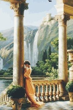 a painting of a woman in an orange dress standing on a balcony next to a waterfall