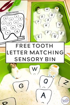 a green tray filled with different types of letters and numbers to make letter matching activity