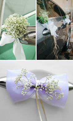 the wedding car is decorated with baby's breath flowers and ribbons as well as an elegant bow