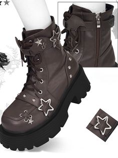 Step into a world of whimsical charm with these platform ankle boots, perfect for those who adore a blend of edgy and cute styles. Featuring a lace-up design, these boots are adorned with an enchanting adjustable strap at the ankle, complete with star-shaped buckles and playful bat wing embellishments. The side zipper ensures easy wearability, while the studded accents add a touch of rebellious flair.Ideal for anyone looking to make a bold fashion statement while embracing their inner kawaii spi Cute Black Boots, Y2k Boots, Steampunk Shoes, Steampunk Fashion Male, Gothic Skirts, Star Boots, Cute Styles, Kawaii Shoes, Dream Outfits