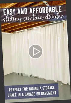 an unfinished room with white curtains and the words easy and affordable sliding curtain divider