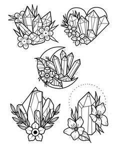 four different shapes of crystals with flowers and leaves on the top one is black and white