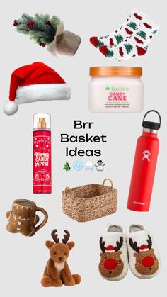 various items are arranged in the shape of a santa hat and reindeer head, with text overlay that reads brr basket ideas