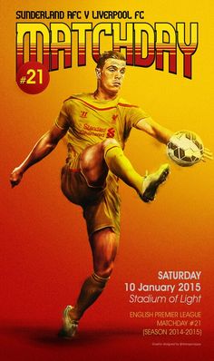 an advertisement for a soccer match featuring a man kicking a ball