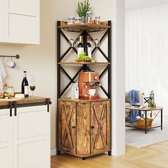 an open shelving unit in the corner of a kitchen