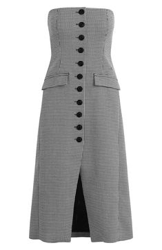 A scaled-down houndstooth pattern adds a retro-chic flourish to a strapless midi dress that buttons down the front. 41" center front length Front button closure Strapless Front flap pockets Lined 64% polyester, 34% viscose, 2% elastane Dry clean Imported Elegant Midi Dress With Houndstooth Pattern For Spring, Elegant Houndstooth Midi Dress For Spring, Elegant Spring Midi Dress With Houndstooth Pattern, Houndstooth Midi Dress For Work, Elegant Houndstooth Midi Dress For Work, Chic Houndstooth Pattern Midi Dress For Work, Chic Houndstooth Midi Dress For Work, Chic Midi Houndstooth Dress, Houndstooth Dress Outfit