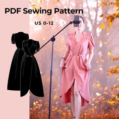 a woman wearing a pink dress standing next to a microphone with the text pdf sewing pattern us 0 - 12