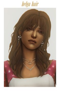 a digital painting of a woman with long brown hair and earrings on her head, wearing a pink top