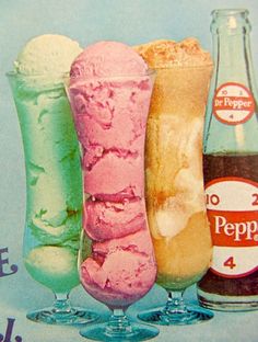 three different flavored ice creams and two soft drinks are shown in this advertisement