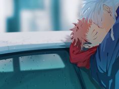 an anime character leaning on the hood of a car with his head resting on another person's shoulder