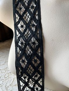 Gorgeous black Battenburg insertion lace. 100% cotton.  * Overall width of lace about 3".  * Listing is for ONE yard.  More lace, stretch lace, appliques, flowers, leaves and other lovelies located here: LACE: http://www.etsy.com/shop/MaryNotMartha?section_id=6414105 STRETCH LACE: http://www.etsy.com/shop/MaryNotMartha/search?search_query=STRETCH+LACE&search_submit=&search_type=user_shop_ttt_id_5464080&shopname=MaryNotMartha APPLIQUES: http://www.etsy.com/shop/MaryNotMartha?section_id=6358724 BU Fitted Black Crochet Lace, Fitted Black Lace With Lace Trim, Insertion Lace, Battenburg Lace, Flowers Leaves, Stretch Lace, Lace Trim, Yard, Trim