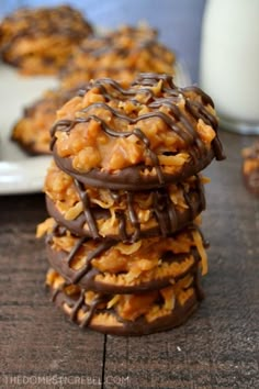 chocolate covered cookies stacked on top of each other