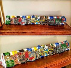 two pictures of the same item made out of beer cans on top of a wooden shelf